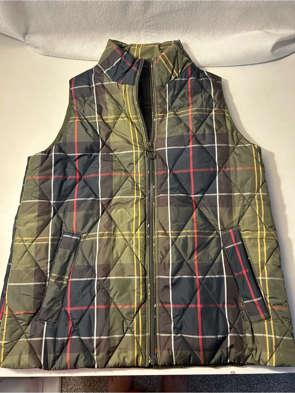 Barbour Olive Plaid Quilted Sleeveless Vest